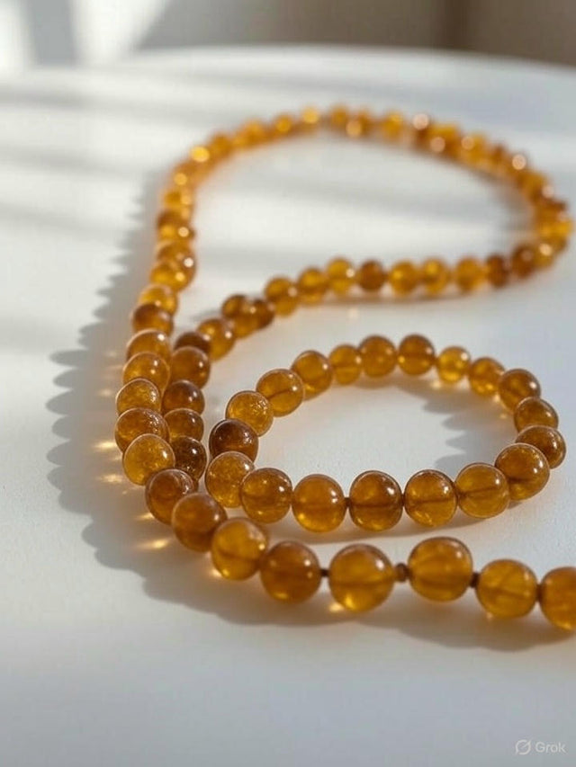 Deux colliers de perles ambrées aux tons jaune chaud en cercles lâches sur une table blanche, contraste lumineux.