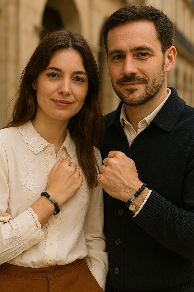 Couple portant le Bracelet Apatite & Onyx Noir Mat dans un cadre de vie traditionnel, mains visibles.