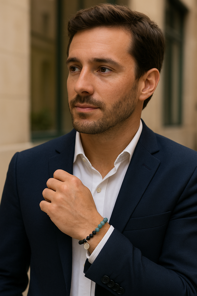 Homme élégant en costume portant le **Bracelet Apatite & Onyx Noir Mat**, dégageant un charme moderne.