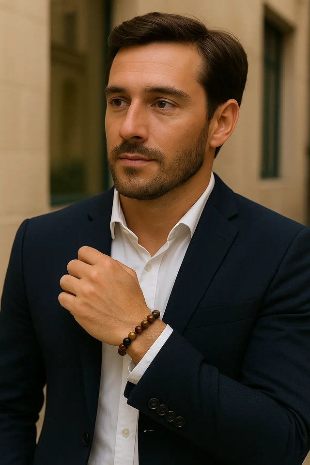 Homme élégant portant un Bracelet Œil de Tigre Multicolore avec costume bleu et chemise blanche.