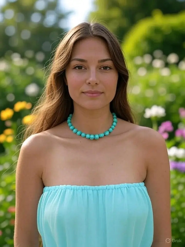 Une femme française en robe pastel sans bretelles porte un collier de perles turquoise dans un jardin coloré.