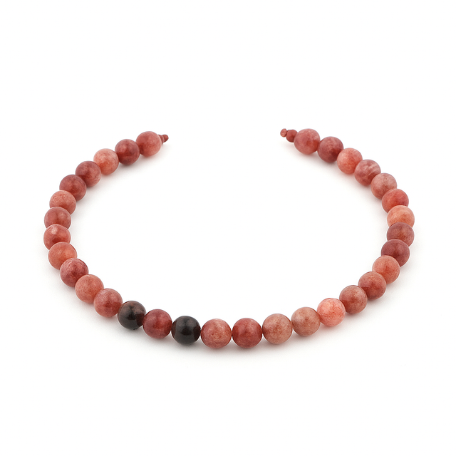 Collier en perles naturelles de pierre de soleil aux tons rosés, disposé en cercle sur fond blanc.