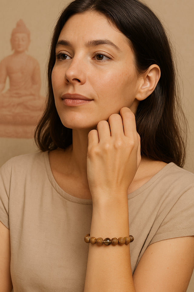 Femme française portant un bracelet en quartz fumé et bois, posant calmement dans un cadre serein.