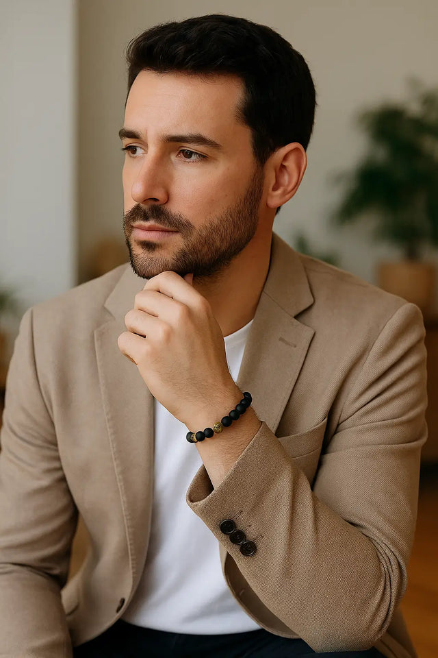 Homme français en tenue semi-formelle portant un bracelet en Onyx Noir Mat et Unakite dans un cadre de vie.