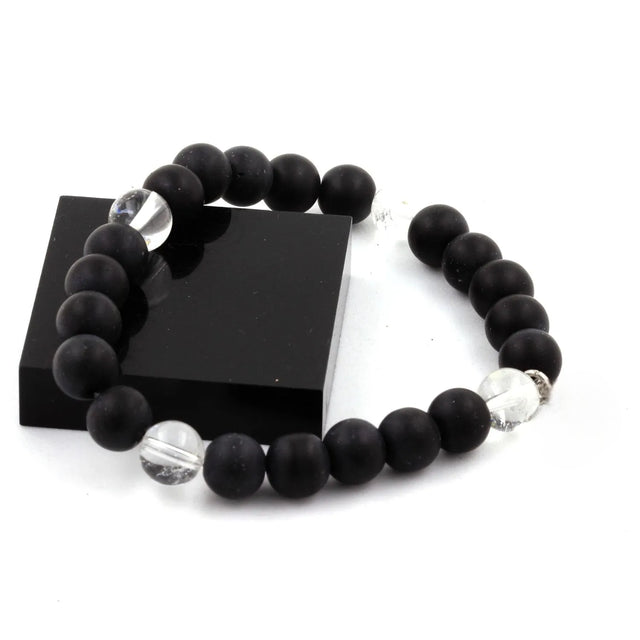 Quartz + Matte Black Onyx Bracelet 8 mm Beads.