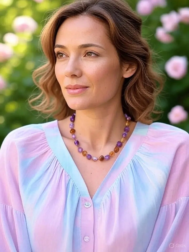 Trois femmes françaises en robes pastel portent des colliers à une couche de perles turquoise, souriant dans un jardin.