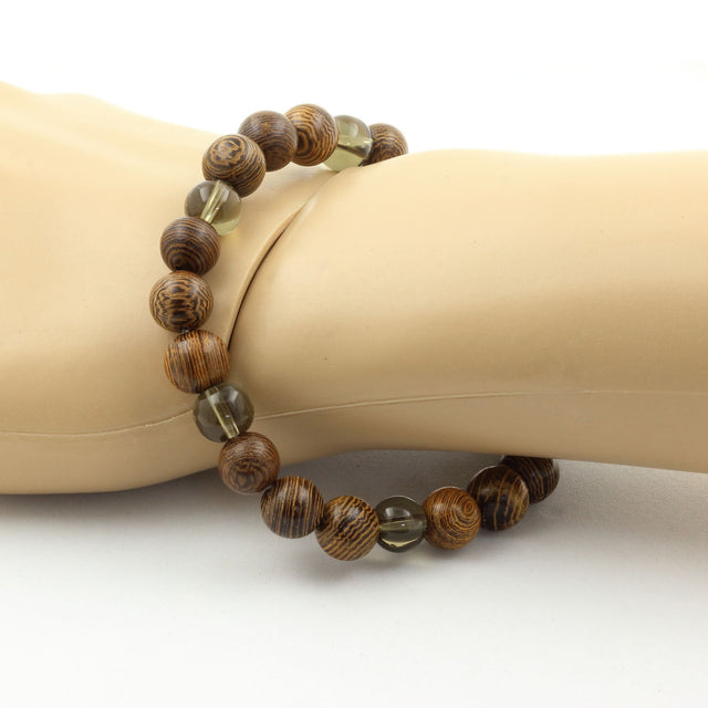 Bracelet Quartz Fumé + Bois Perles 8 mm